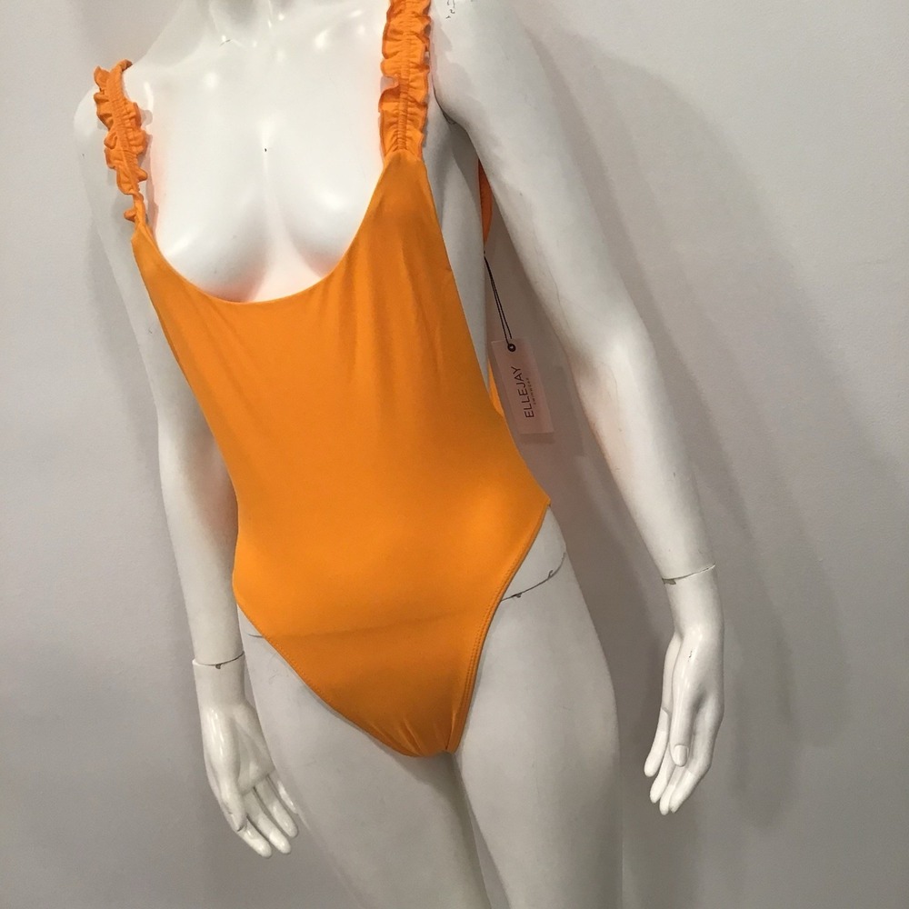 ElleJay Thais Ruffle 1 piece Swim Suit Orange‎ Medium Deep Plunge Sexy NWT